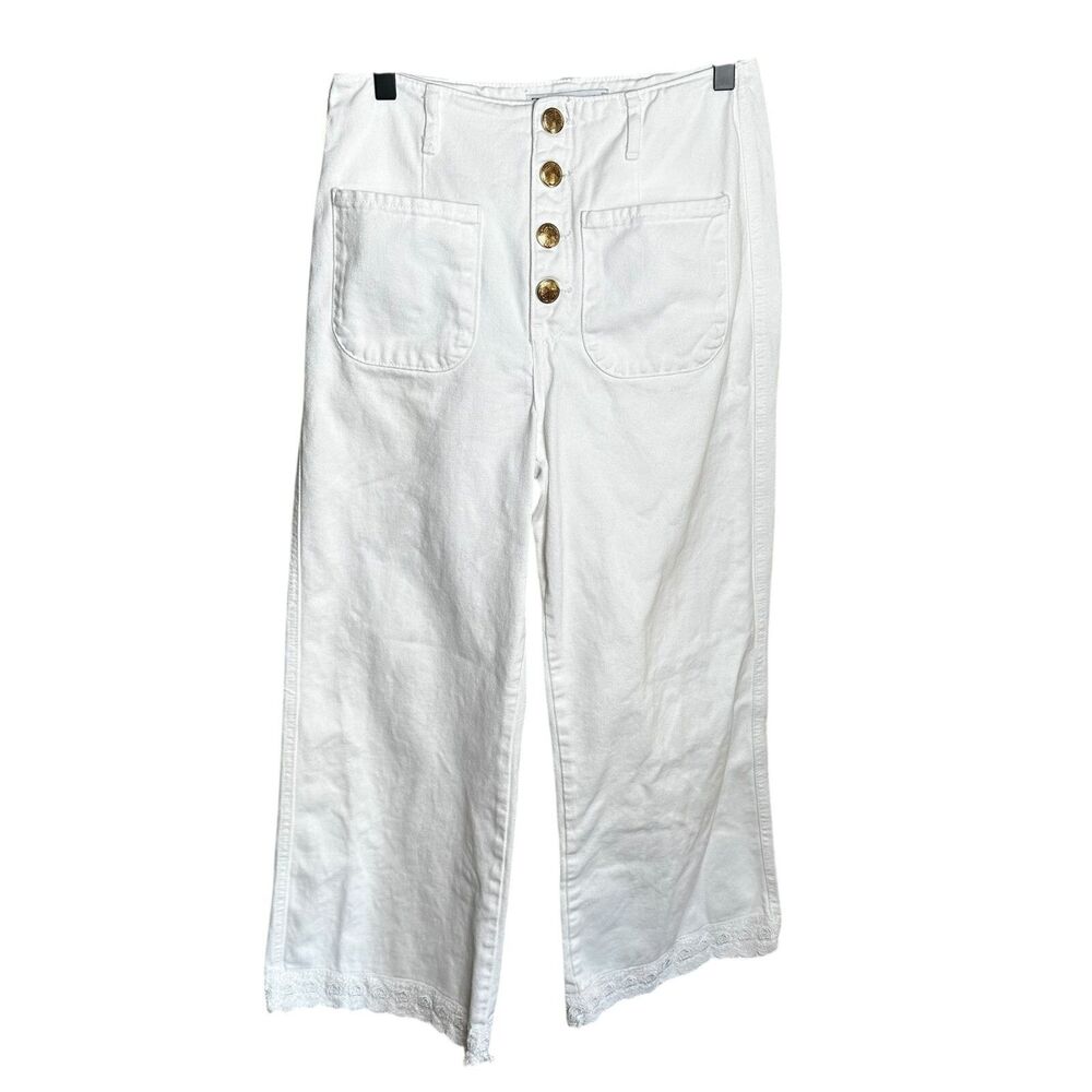 Zara White Cropped Sailor Pants Womens Size 6 High Rise Lace Trim Hem